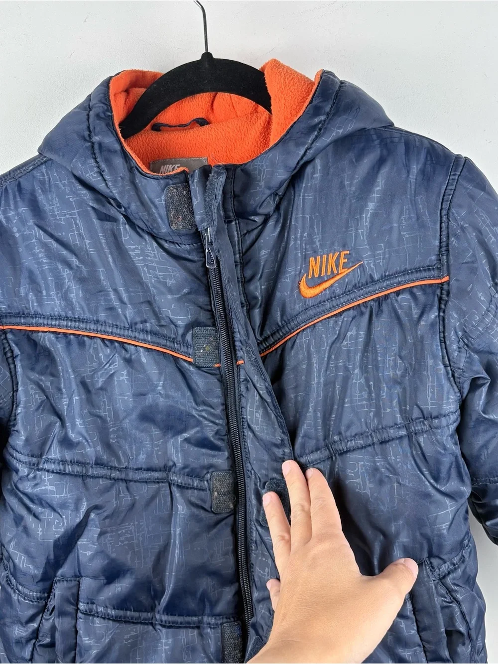 Nike Boys' Hooded Navy Puffer Winter Jacket Orange Fleece Lined Size 7 Warm Coat